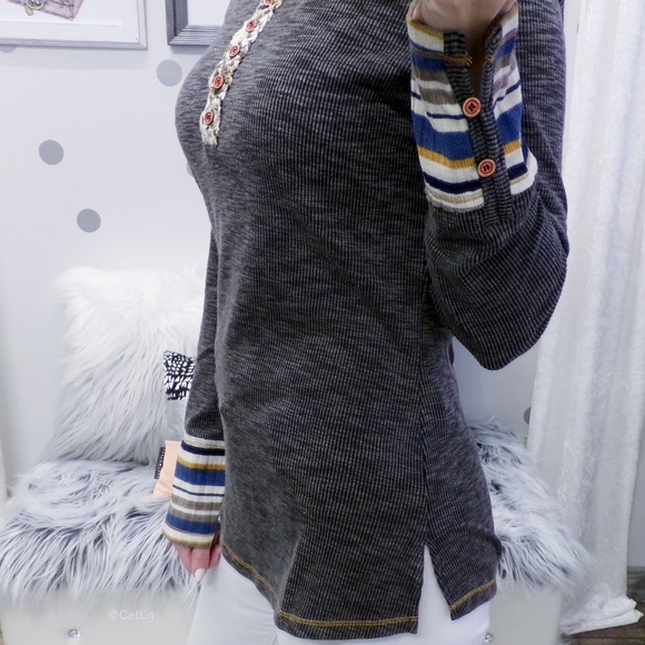 Grey Henley Top Long Sleeve Rib Knit Button Up - Picture 3 of 4